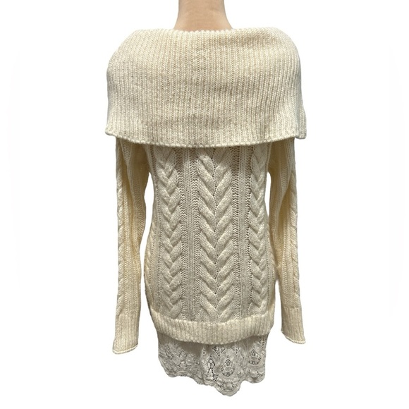 Knox Rose Cream Cable Knit Off the Shoulder Lace Trim Cowl Women Sweater Medium. - Picture 5 of 12